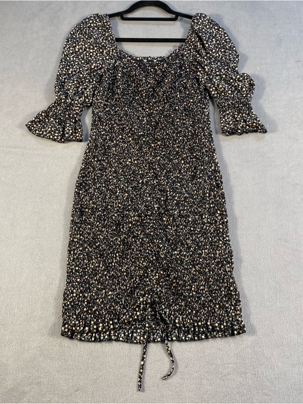 Blush J. Women’s Black Smocked Puff-Sleeve Mini Dress, front tie, size L